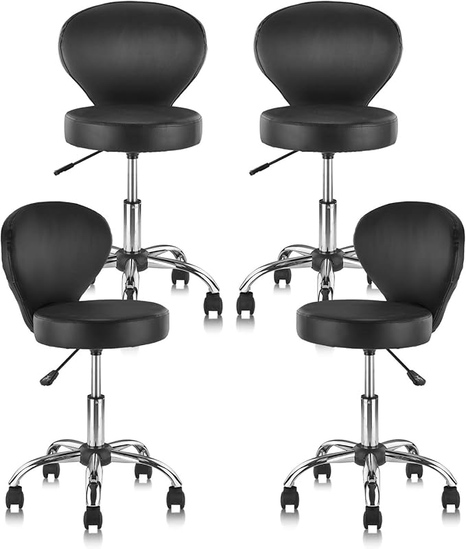 KLASIKA Set of 4 PVC Faux Leather Rolling Swivel Salon Stool Chair with Wheel Back Lumbar Support Seat Height 22 in Diameter 15 Inch Adjustable Hydraulic Chair for Office Massage Facial Spa 4 Pack