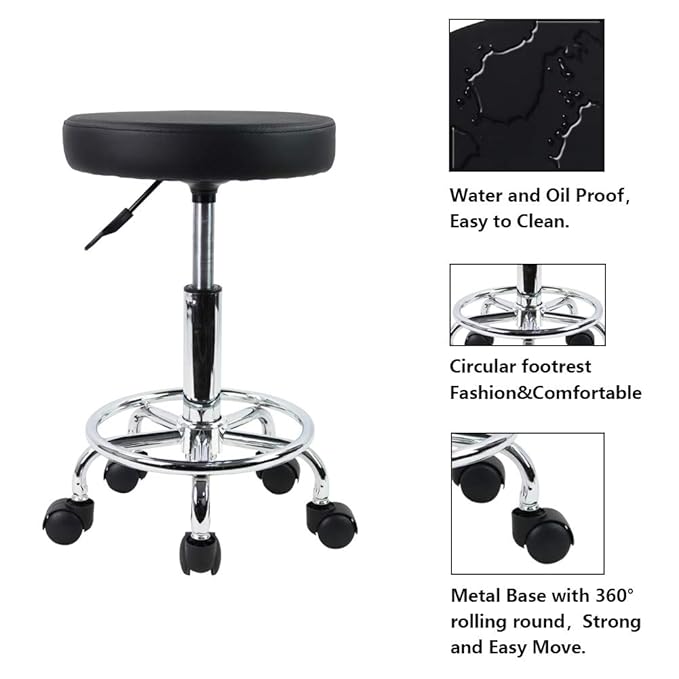 KKTONER PU Leather Round Rolling Stool with Foot Rest Swivel Height Adjustment Spa Drafting Salon Tattoo Work Office Massage Stools Task Chair Small (Black)