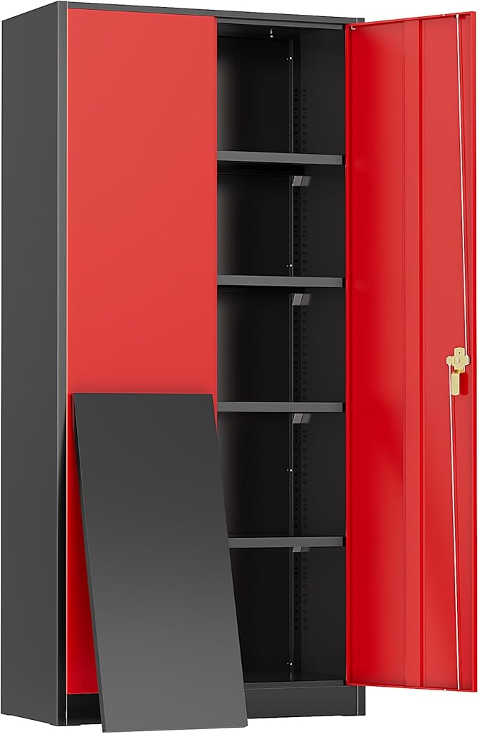Greenvelly Metal Storage Cabinet, 72" Steel Garage Cabinet with Doors and Adjustable Shelves, Metal Cabinet with Lock,Tall Metal Office Storage Cabinet for Garage,Home Office,School (Black Red)