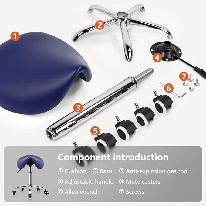 KKTONER Rolling Saddle Stool PU Leather Swivel Adjustable Rolling Stool with Wheels Salon Chair (Blue)