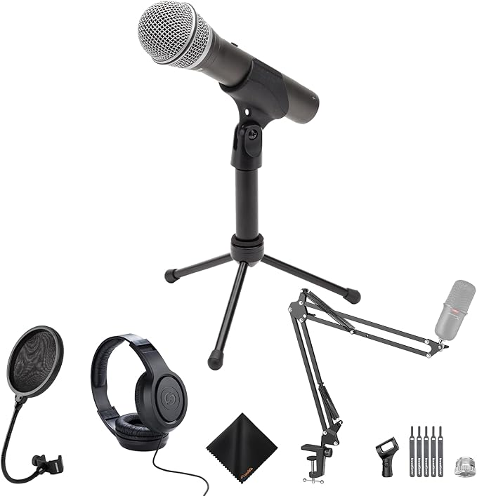 SAMSON Q2U USB/XLR Connectivity Dynamic Microphone with Accessories - PS04 Gooseneck Microphone Pop Filter, SR350 Over-Ear Stereo Headphone, Boom Arm Microphone Mic Stand & Cleaning Cloth - Bundle Kit