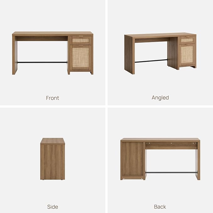 SICOTAS Rattan Executive Desk with Storage, 59" Boho Home Office Desk with Cabinets and Drawers, Large Computer Table Vanity Desk for Office, Study, Living Room, Oak