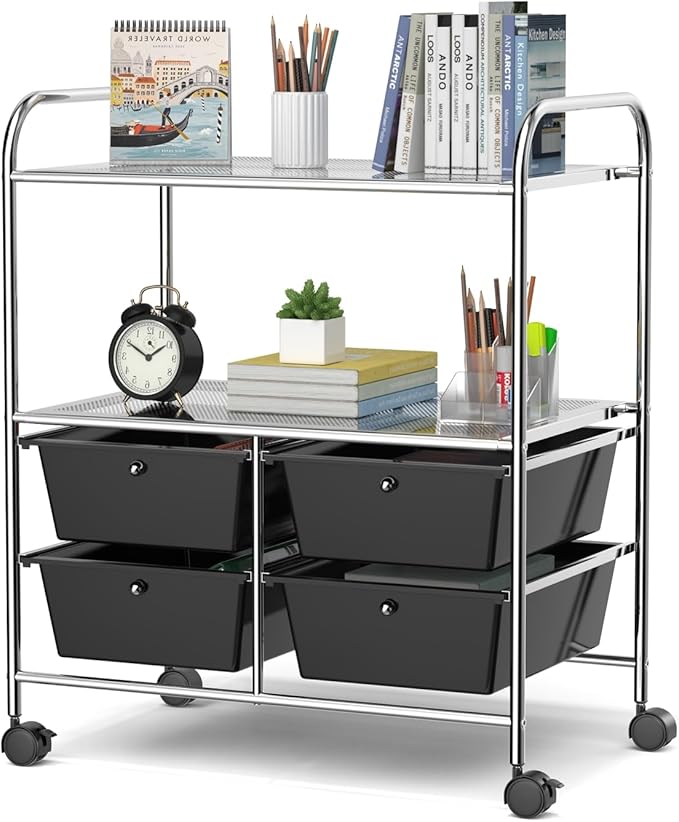 Moccha Rolling Storage Cart with 4 Drawers - Storage Drawers Organizer with wheels for Craft Art Supply Paper Salon, Scrapbook Paper Tools, Movable Utility Cart for Classroom School Studio, Black