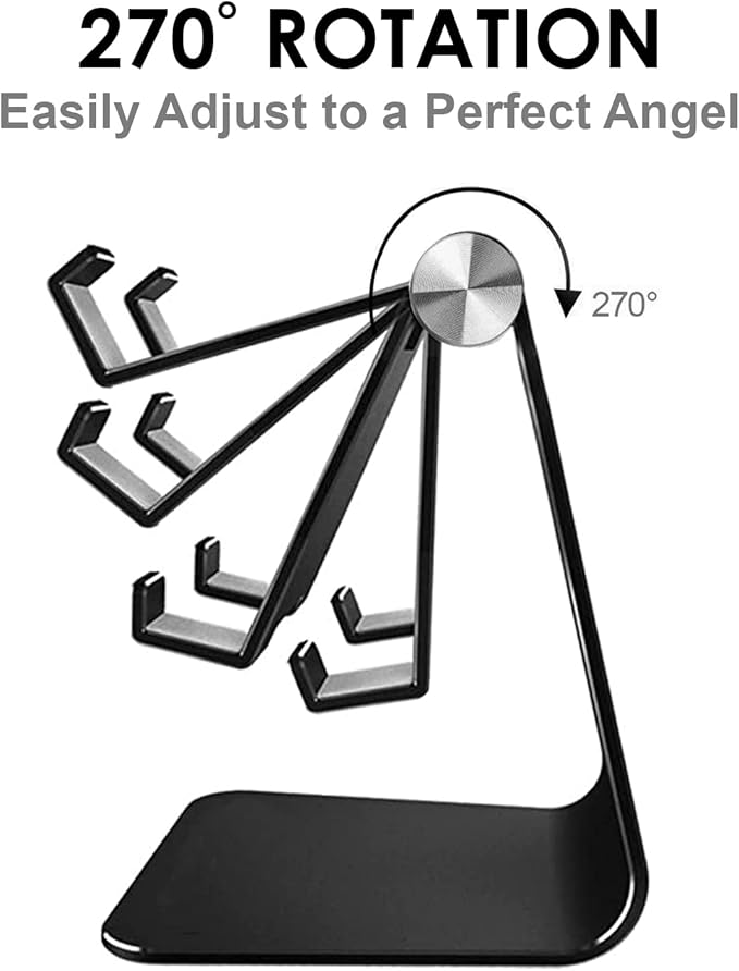 Cell Phone & Tablet Stand Adjustable Multi‑Angle Aluminum Phone & Tablet Stand Non‑Slip Dock/Cradle/Charging Station for Desktop, Bed, Kitchen, Office (Black)