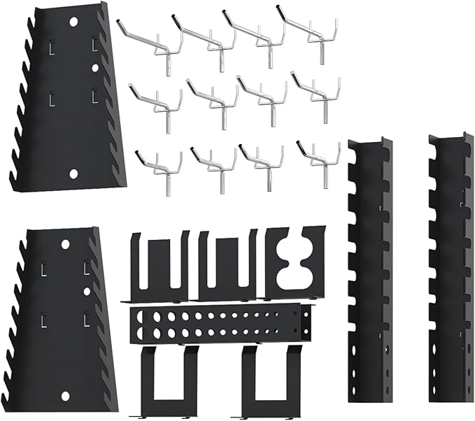 JZD Steel Pegboards Wall Organizer System with Accessories, Tool Rack Included 5 Metal Panels, 10 Tool Holders, 12 Hooks & 30 Storage Red Plastic Bins, for Garage Workshop Home, Black
