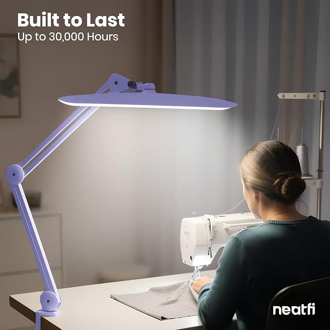 Neatfi XL 2200 Lumens 20W LED Desk Lamp with Clamp – Adjustable Color Temperature | 4-Level Dimmable Light | Home Office, Crafts & Workbench | 20-Inch Wide Head (Lavender, CCT with Clamp)