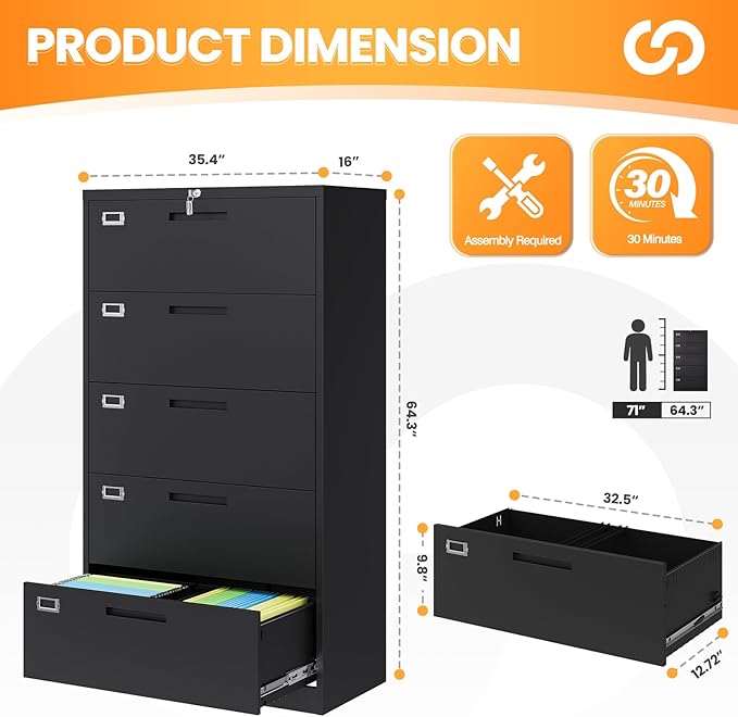 5 Drawer File Cabinets for Home Office, Metal Filing Cabinet with Lock, Black Locking File Caninet Five Drawer, Office Storage Caninets Steel Cabnet for Letter/Legal/A4/F4-Assembly Required