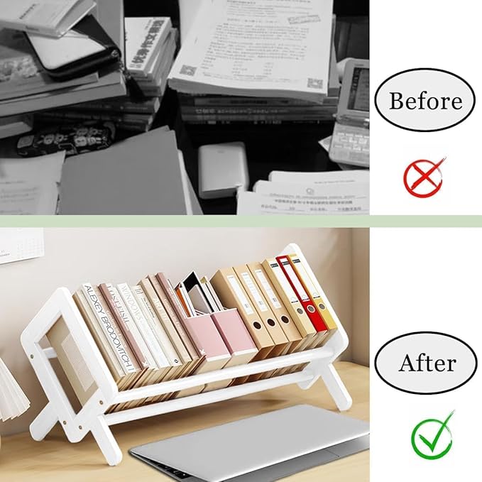 Wood Tilting Bookcase in Living Room/Home/Office, Desktop Book Shelf Organizer Bookshelves Storage Rack for CDs/Magazine/Books Display (White, 19.68"-L)