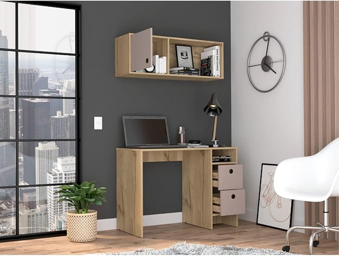 Aramis Office Set with 2 Shelves, 2 Drawers, Wall Cabinet, Single Door Cabinet, and Metal Hardware, Light Oak/ Taupe
