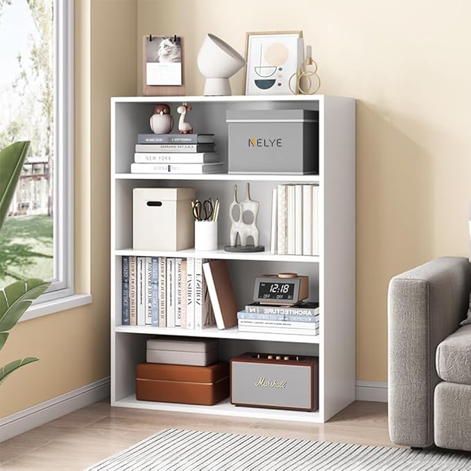 NELYE Basic Open Shelf Bookcase - 4-Tier Wooden Cube Storage Shelves Split Bookshelf, White