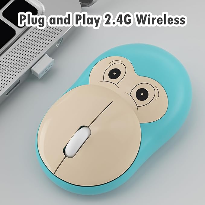 Lomiluskr Cute Monkey Wireless Mouse, Silent Mice, 2.4G Wireless Mice, Candy Colors, Kawaii Mouse for Girls and Kids (Light Blue Monkey)