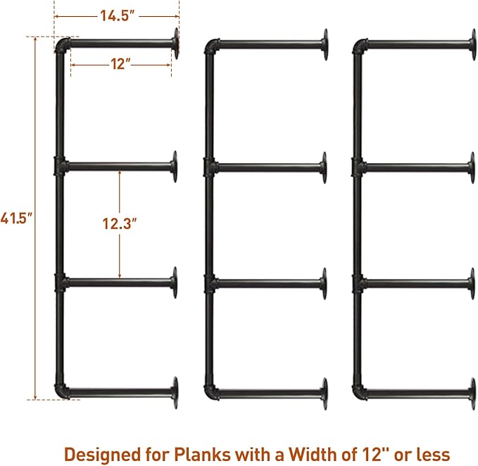 HITOMEN Industrial Iron Pipe Shelves, 3 Set 4-Tier 41.5" Tall 12" Depth, DIY Open Bookshelf Bookcase, Wall Mounted Vintage Retro Shelving, Rustic Farmhouse Pantry Kitchen Storage, Black Shelf Brackets