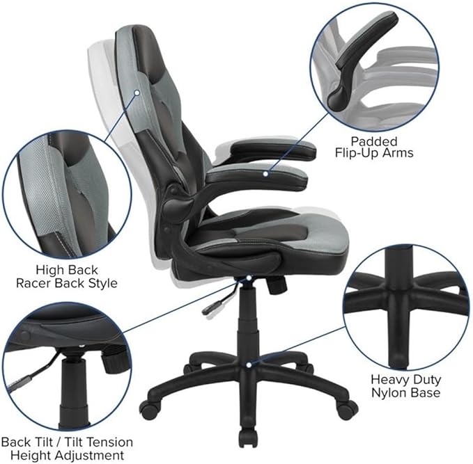 BOWERY HILL 2 Piece Gaming Desk Set with Monitor Stand, Black and Gray Finish, Ergonomic Desk and Chair Combo, Cable Management, Cup Holder, Headset Hook, Adjustable Contemporary Design for Gamers