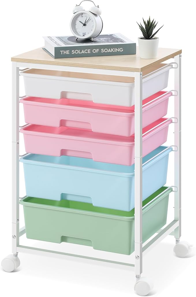SYKIARIOL Utility Cart with 5 Drawers,Storage Drawer Cart with Wooden Tabletop and Lockable Wheels,Craft Storage Trolley Cart,5-Tier Rolling Utility Cart on Wheels,Rainbow