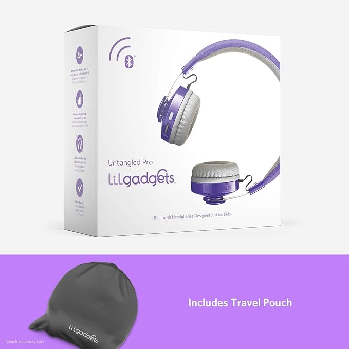 LilGadgets Untangled Pro On-Ear Wireless Kids Headphones for School, Microphone, Volume Limited, SharePort Technology, SoftTouch Padding - Purple Bluetooth Headphones