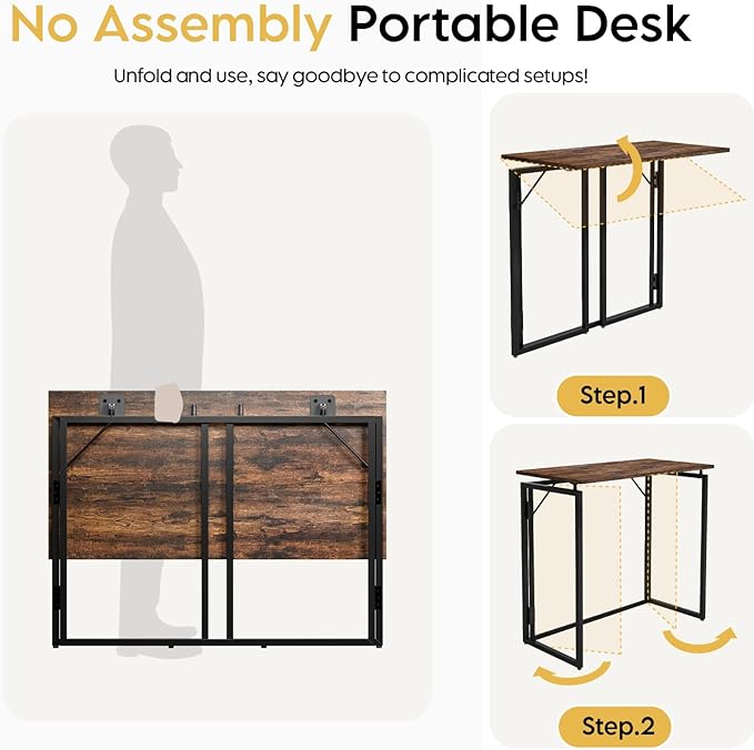 alawooder Folding Desk - 39.4” Wood Top Foldable Desk for Small Spaces | No Assembly Required Compact Desk for Home Office, Writing, and Study