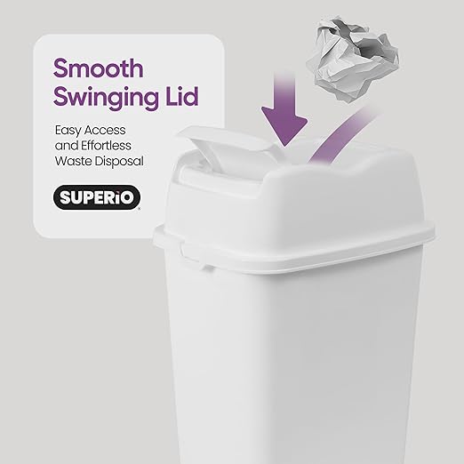 Garbage Can with Swing Top-Split Lid | Small Trash Can with Lid | Durable Plastic | Slim & Sturdy Trash Bin | Fingerprint Resistant | 1.25 Gallon / 5 qt / 5 L – White | Superio Brand