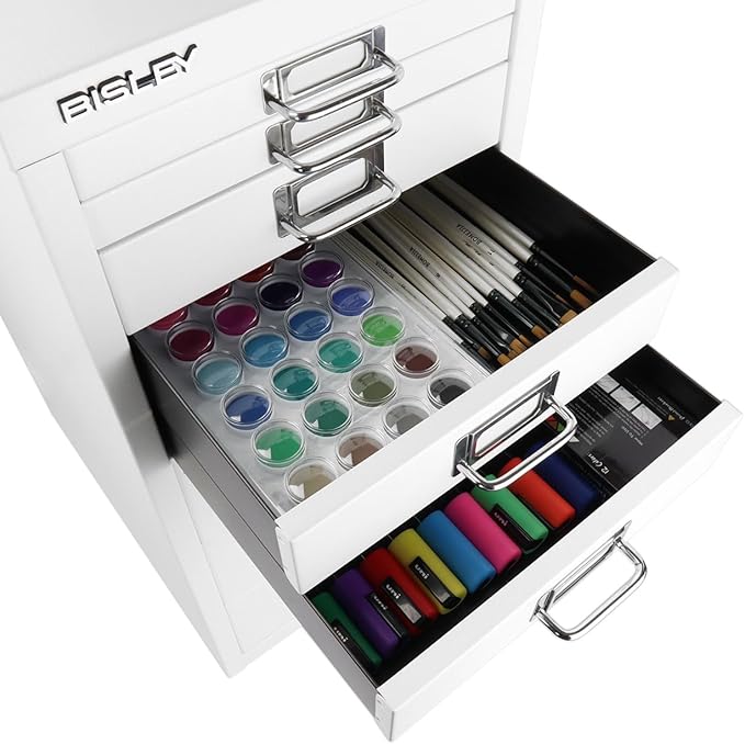 Bisley 8-Drawer Steel MultiDrawer Cabinet - Traffic White, Chrome Pull Handles with Label Holders, Powder-Coated Steel, Removable Drawers, Fits Under Most Desks, Labels Included