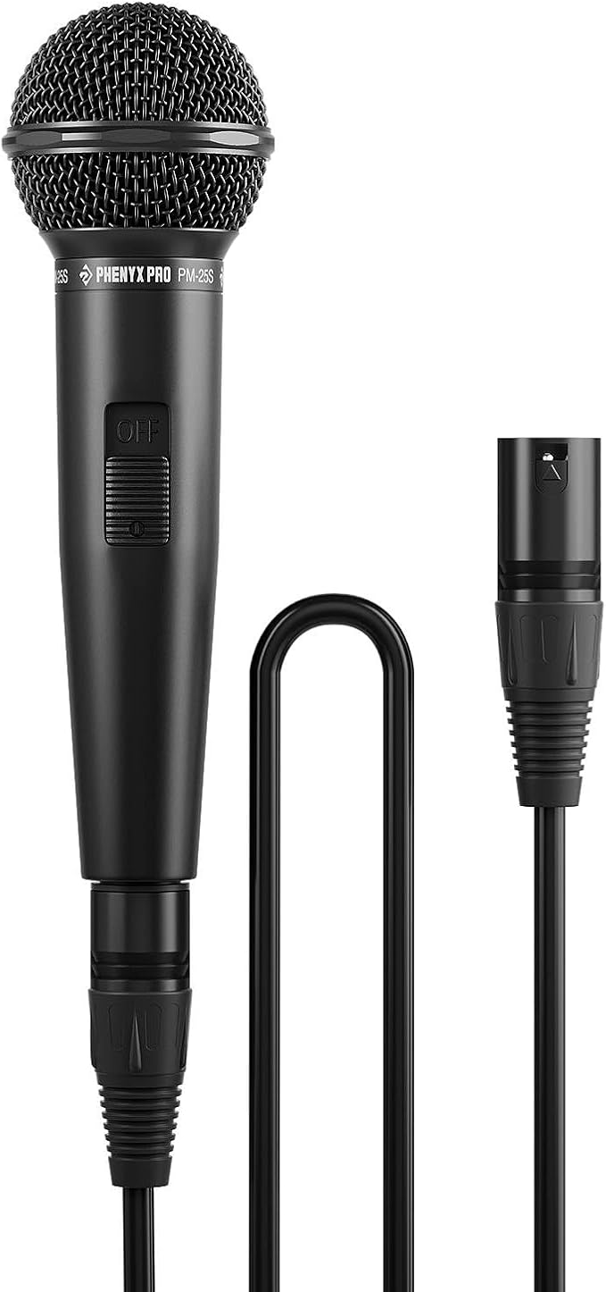 Phenyx Pro Dynamic Vocal Microphone, Cardioid Microphone with ON/Off Switch, 16.4 ft XLR Cable, Mic Clip, Storage Bag, Wired Handheld Mic for Singing, Stage, Studio, Karaoke (PM-25S)