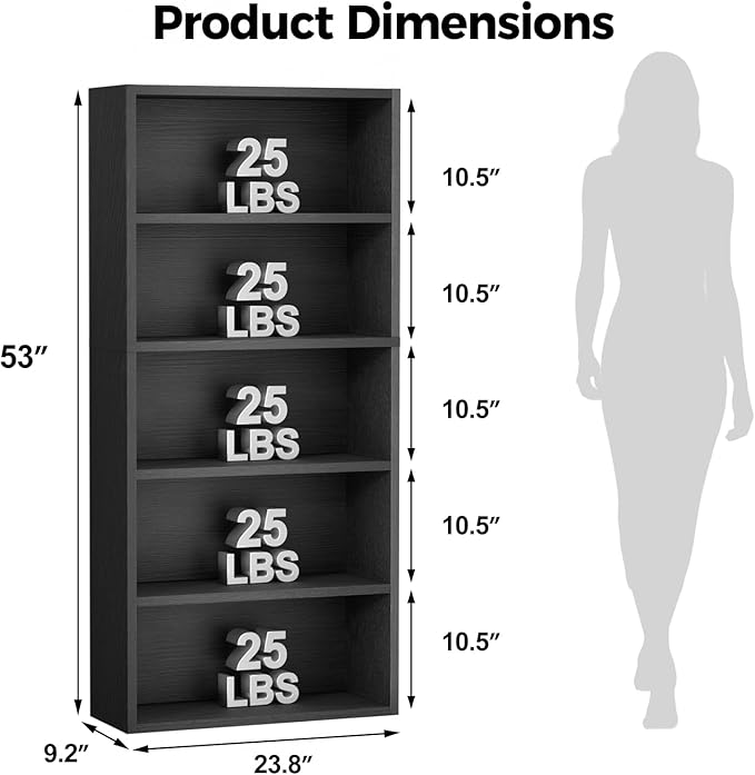 5-Tier Bookcase, Freestanding Wood Bookshelf, Open Storage Shelf, 53" Bookcase for Living Room, Bedroom, Home Office, Black