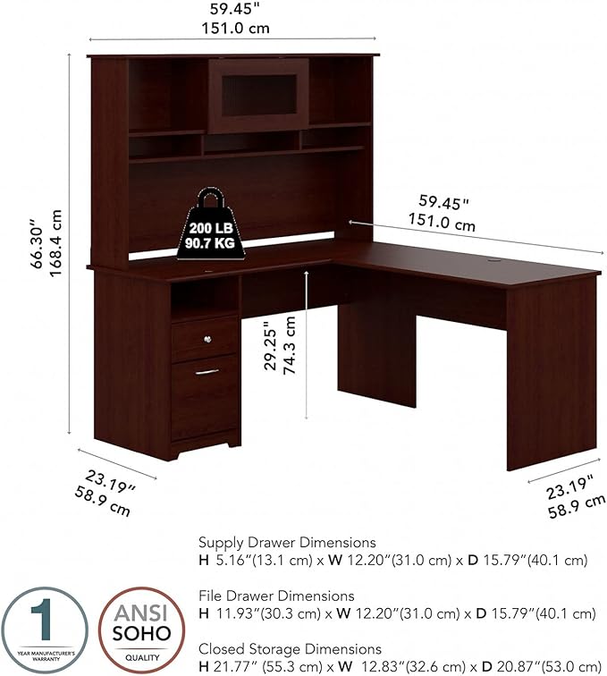 Bush Home Cabot L Shaped Desk with Hutch, Corner Desk with Storage for Home Office in Ash Gray, 60W L Shaped Computer Desk