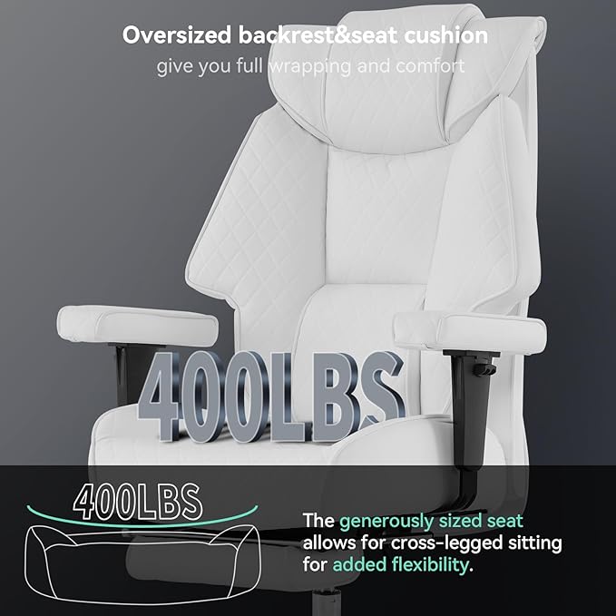 EXCEBET Big and Tall Office Chair with Footrest, PU Leather High Back Executive Office Chair 400lbs, Ergonomic Computer Chairs Lumbar Support for Heavy People (White)