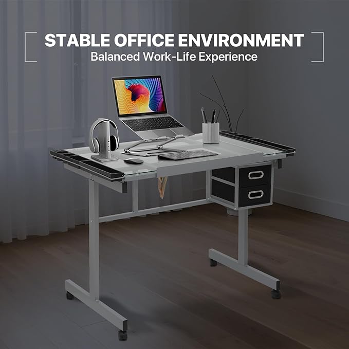 Athena Collection 41" Drafting Table Adjustable Angle Drawing Table Tempered Glass Art Desk Metal Frame Craft Desk for Artist with Fabric Drawers, Rolling Casters and Trays, Light Grey