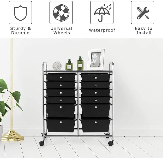 Moccha 12-Drawer Rolling Storage Cart - Utility Cart on Wheels with Lockable Casters for Craft Art Supply Paper Salon, Mobile Drawer Carts for Classroom Teacher School Office