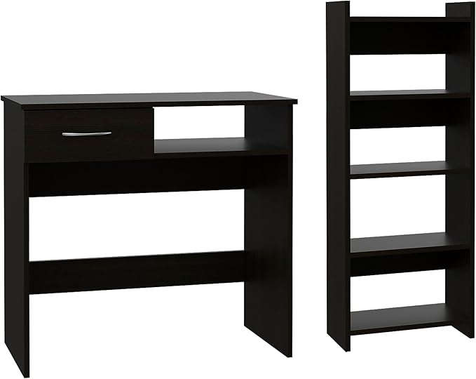 Black Home Office Set with Keyboard Tray & 5 Shelves - Two-Piece Desk & Bookcase