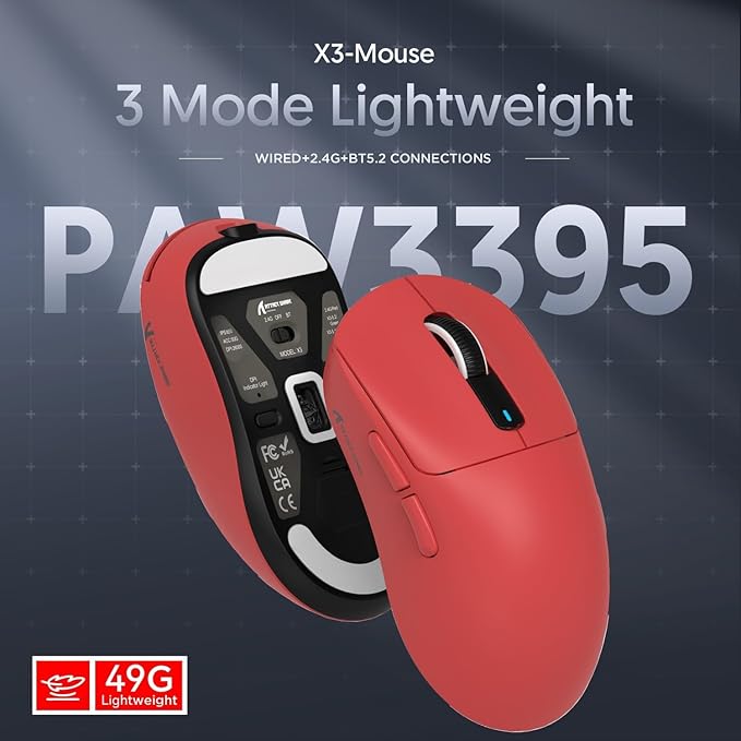 MAMBASNAKE Attack Shark X3 Wireless Gaming Mouse, 49g Ultralight, PixArt PAW3395 26000 DPI, Bluetooth/2.4Ghz /Wired Tri-Mode, 200Hrs Rechargeable Battery, Kailh GM8.0 Switch for PC/MAC/Win - Red