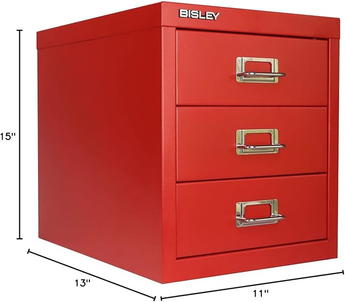 Bisley 3-Drawer Steel MultiDrawer Cabinet - Cardinal Red, Chrome Pull Handles with Label Holders, Powder-Coated Steel, Removable Drawers, Desktop Storage, Labels Included