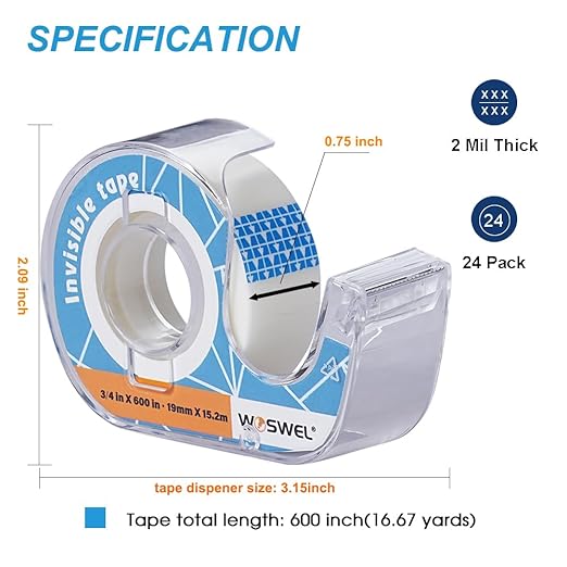 WOSWEL Tape Refills with Dispenser, 24 Roll Invisible Tapes, 3/4 Inch X 600 in, Gift Wrapping Tapes Supplier for Valentine's Day Home School Office Use