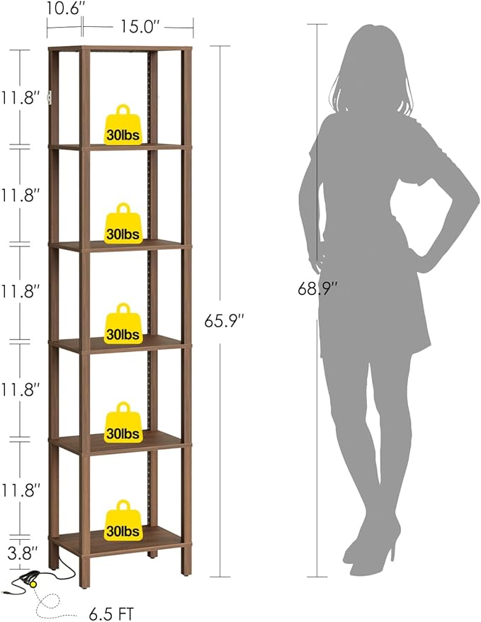Open Book Shelf with LED Lights, 6 Tier Tall Bookshelf, Freestanding Shelf Narrow Bookcase with Open Shelves, 14.57" x 10.63" x 65.83", Book Shelves for Living Room, Office, Study, Walnut