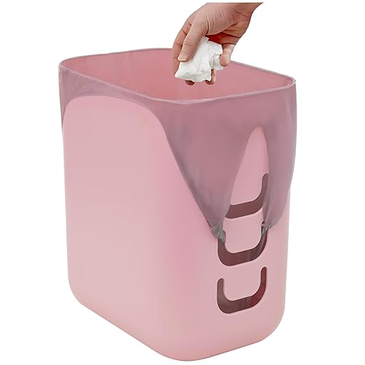 STORi Luup Bathroom Wastebasket, Secure Grocery Bags, Plastic Garbage Container for Vanity, Laundry Room, Kitchen, Office, 2.5 Gallon, Pink, Made in USA