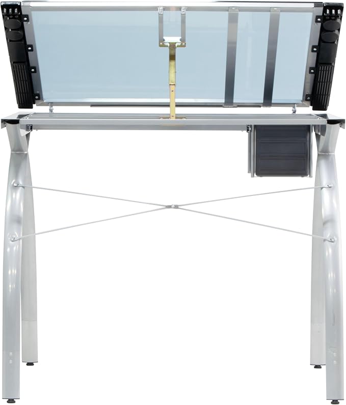 SD Studio Designs 10037 Futura Deluxe Drafting Table with Light Pad Support Bars & Drafting Height Leg Extensions, Silver/Blue Glass