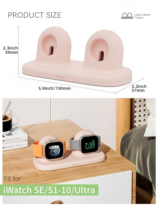 ELETIUO Dual Charger Stand Compatible with Apple Watch Series 49/46/45/44/42/41/40/38mm iWatch Ultra2/Ultra/10/9/8/SE2/7/6/SE/5/4/3/2/1,Silicone Dock Organizer Supports Night Stand Mode,Pink