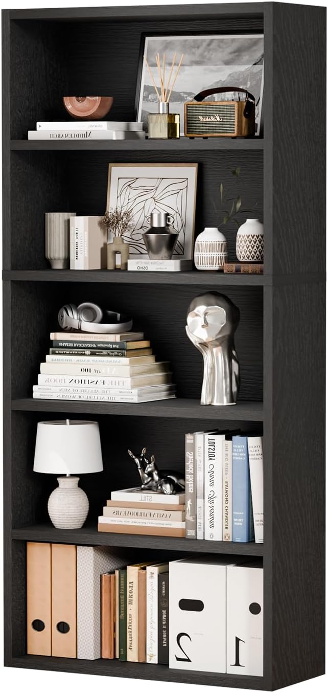 5-Tier Bookcase, Freestanding Wood Bookshelf, Open Storage Shelf, 53" Bookcase for Living Room, Bedroom, Home Office, Black