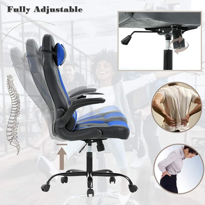 Gaming Chair Office Chair Desk Chair with Lumbar Support Flip Up Arms Headrest PU Leather Swivel Rolling Adjustable High Back Racing Computer Chair for Women Men Adults,Blue