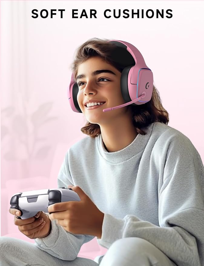 Gvyugke 2.4GHz Wireless Gaming Headsets for PS5, PS4, PC, Switch - Bluetooth 5.3 Gaming Headphones with Noise Canceling Mic, 7.1 Surround Sound, 70H Battery, Blue Lighting - Blush Pink