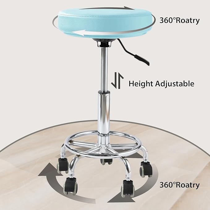 Adjustable Rolling Stool with Wheels Heavy Duty 500lb Round RollingStool with Footrest, Patent Leather Drafting Stool Chair with Wheels Work Spa Salon Seat,Blue