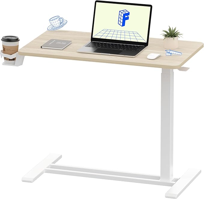 FLEXISPOT H7 Adjustable Overbed Bedside Table with Wheels Pneumatic Mobile Standing Desk Laptop Desk Rolling Computer Cart Movable Overbed Table Hospital Home Use(31.5" W x 17.7" D, White Wood Grain)