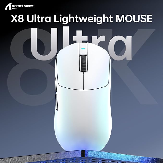 ATTACK SHARK X8 Ultra Wireless Gaming Mouse,55g Ultra-Lightweight BT/2.4GHz Wireless/Wired Mouse,8K Polling Rate,PixArt PAW3950MAX Sensor,42000 DPI,Tape,Gamer Mice for PC/Win/Mac/Big Hand (White)