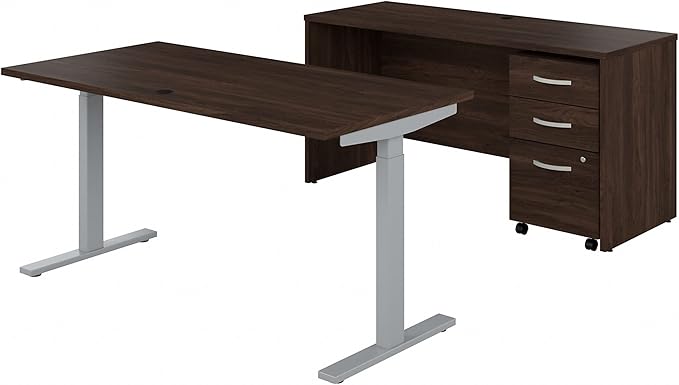 Bush Business Furniture Studio C 60W x 30D Height Adjustable Standing Desk, Credenza and Mobile File Cabinet in Black Walnut