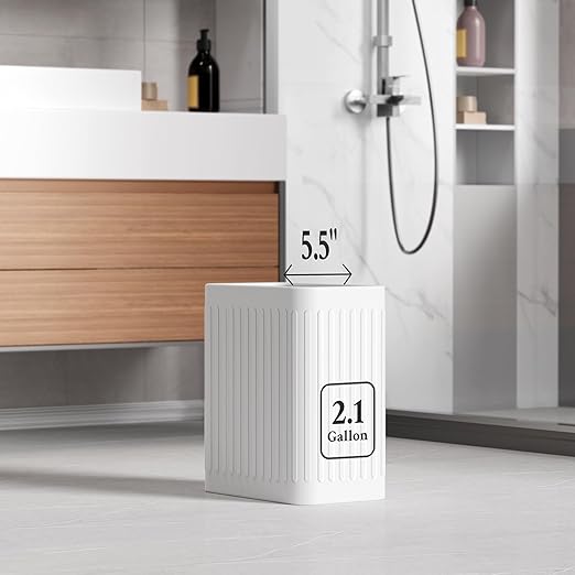 TrashAid Small Bathroom Trash Can, 2.1 Gallon Bathroom Garbage Can, Stainless Steel Waste Basket for Office, Under Desk, Bedroom, Rv, White