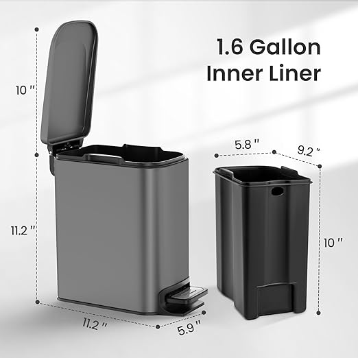 Cesun Slim Step-On Stainless Steel Desk Wastebasket – Gray (1.6 Gal)
