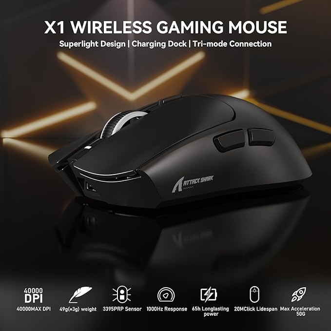 ATTACK SHARK X1 Wireless Gaming Mouse with RGB Charging Dock, PAW3395 PRO Sensor Up to 40K DPI,53g Ultra Light Tri-Mode Computer Mice,1KHz Polling Rate 5 Programmable Buttons for WIN/MAC-Black