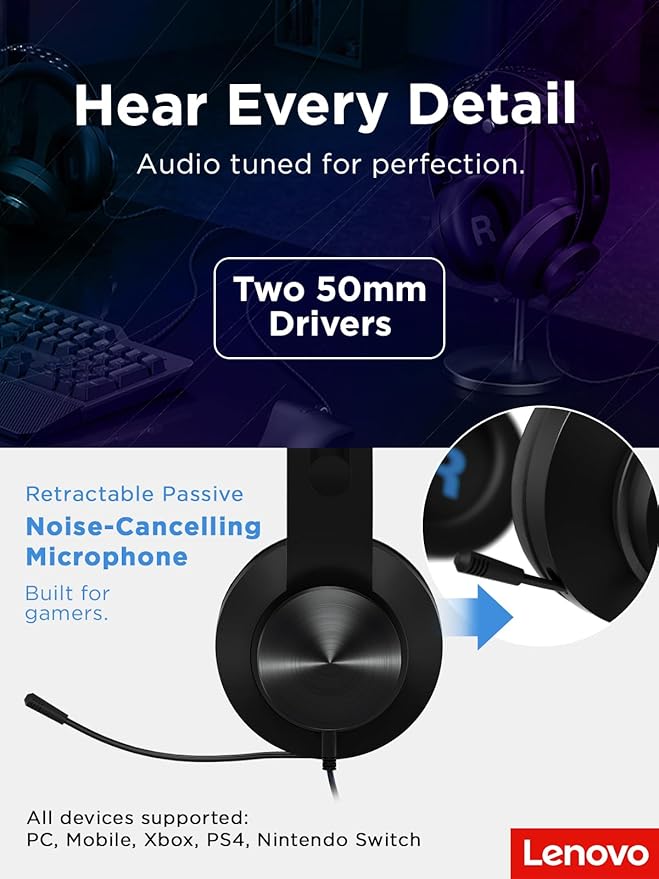 Lenovo Legion H300 Stereo Gaming Headset, Noise-Cancelling Mic, Memory Foam & PU Leather Earcups, Stainless Steel Headband, PC, PS4, Xbox One, Nintendo Switch, Mac, GXD0T69863, Black
