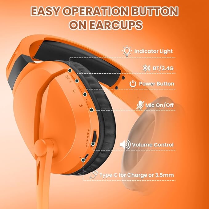 WolfLawS Wireless Gaming Headset with Noise Canceling Microphone for PS5, PC, PS4, 2.4G/Bluetooth Gaming Headphones with USB and Type-c Connector, Wired Mode for Controller - Orange