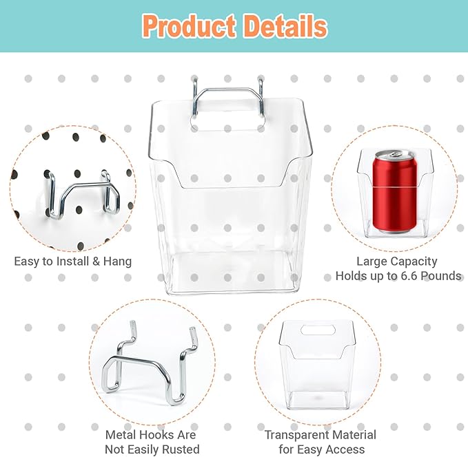 8 Pack Large Pegboard Bins with Hooks, Square Box Shape Peg Board Cups and Peg Board Accessories for Craft Room, Playroom, Office, Garage, and Wall Mount Organization (Transparent)