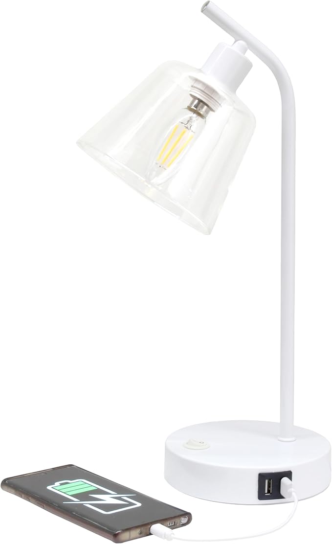 Simple Designs LD1074-WHT 15.75" Sleek Essentials Modern Industrial Metal Desk Lamp with Clear Glass Shade and Dual USB Ports, for Office, Desk, Nightstand, Dorm, White